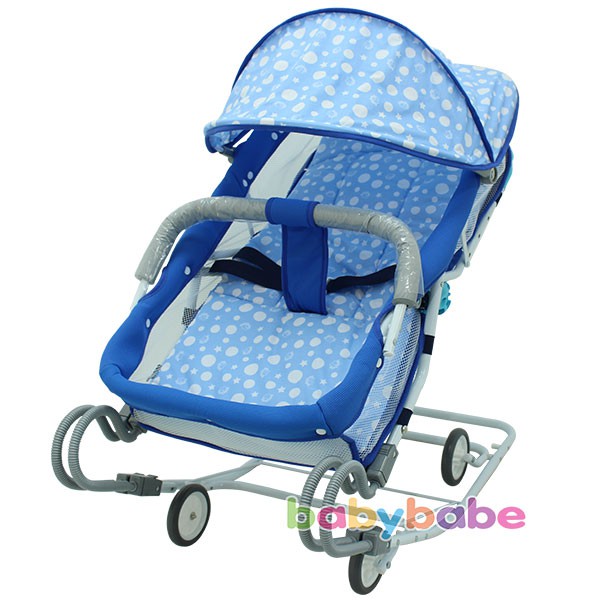 台灣製造 附蚊帳 BABYBABE 雙管加寬分段式彈搖椅 S-19 手動搖床/嬰兒床/彈床/彈椅/安撫椅 藍色/卡其色-細節圖2