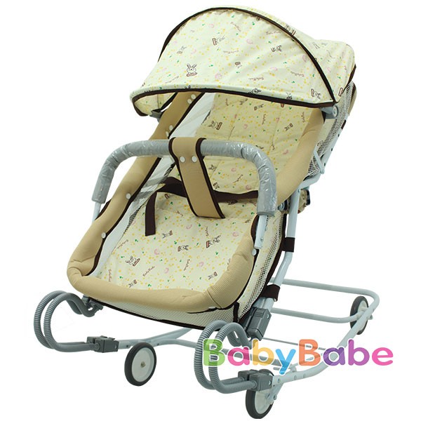 台灣製造 附蚊帳 BABYBABE 雙管加寬分段式彈搖椅 S-19 手動搖床/嬰兒床/彈床/彈椅/安撫椅 藍色/卡其色-細節圖3