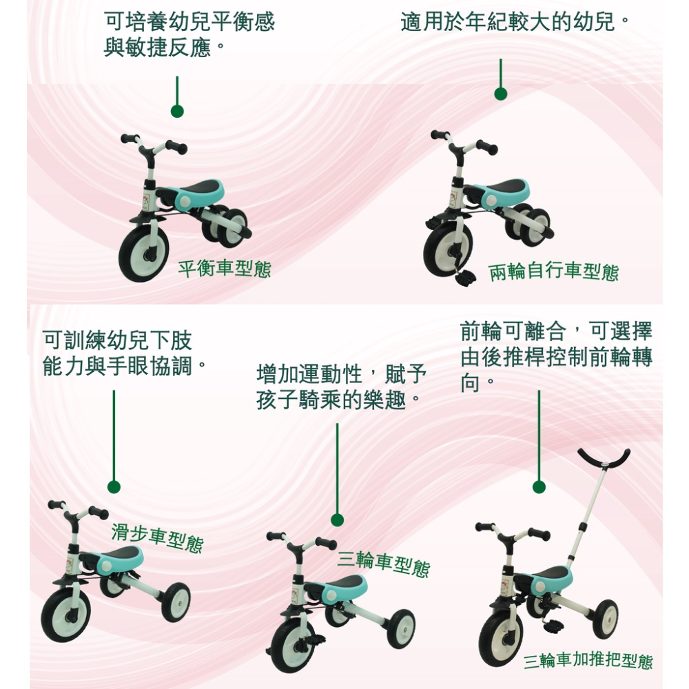 附推把多功能三輪車 學步車 平衡車 滑步車 可折三輪車 babybabe SL-A2 兒童腳踏車 折疊三輪車 遛娃神器-細節圖3