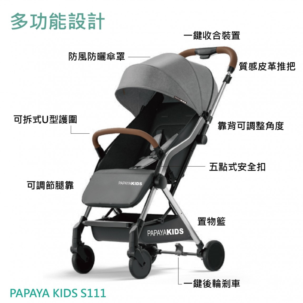 附杯架PAPAYA KIDS S111手推嬰幼兒車 灰色 藍色 嬰兒車 可登機手推車 秒收推車 輕便推車嬰兒手推車-細節圖3