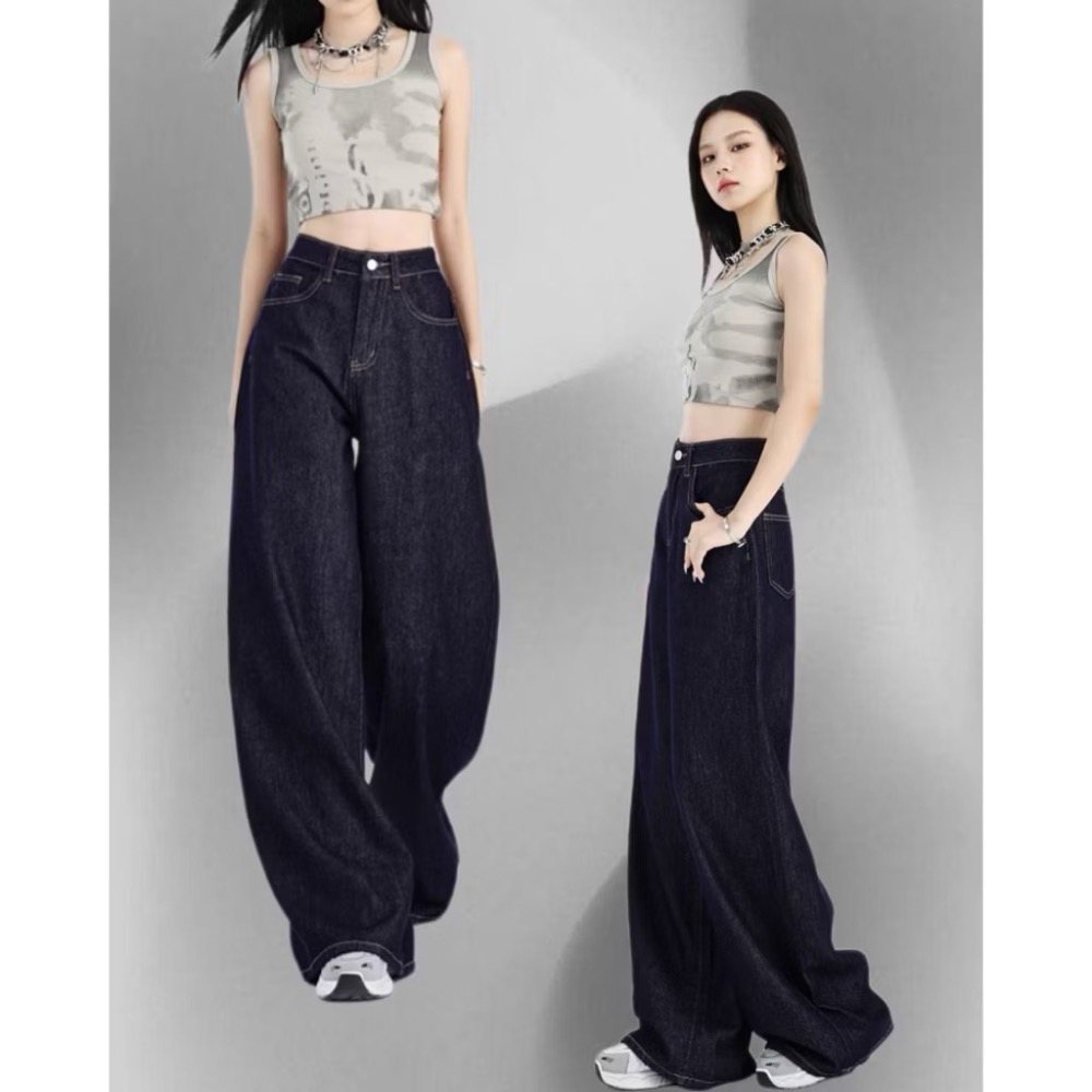【𝐇.𝐓】美式 深藍色 牛仔褲 小個子 直筒褲 寬松 顯瘦 百搭 拖地 闊腿褲 台灣出貨-細節圖4