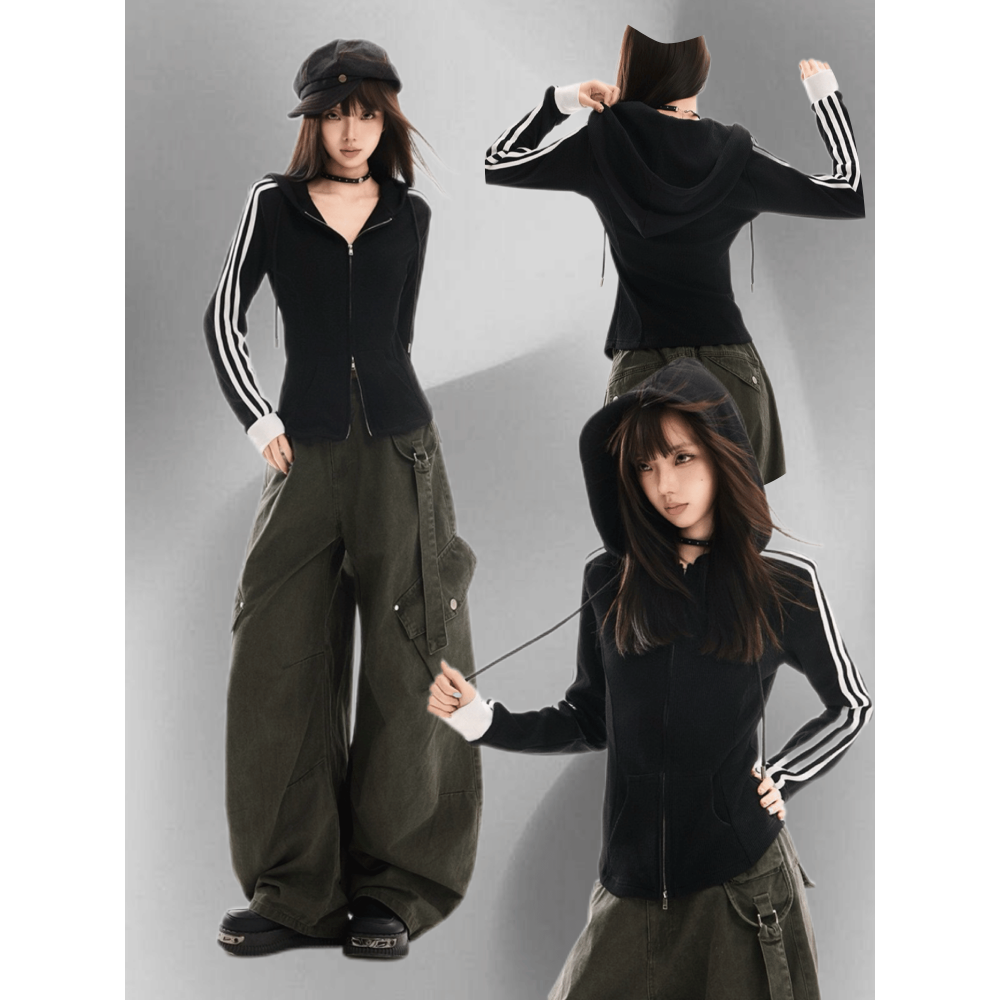 黑色 條紋 連帽衛衣 外套 早秋季 美式 修身 緊身 短款 長袖 上衣 台灣出貨-細節圖3