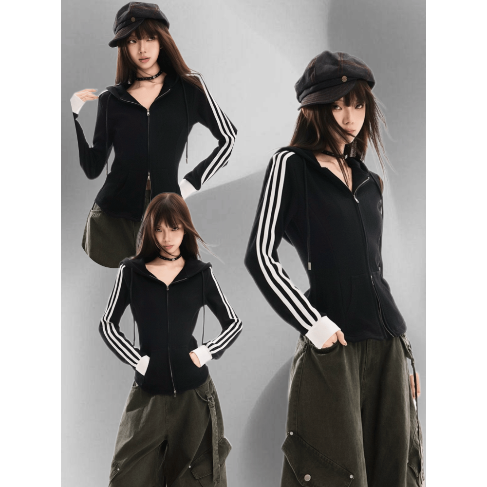 黑色 條紋 連帽衛衣 外套 早秋季 美式 修身 緊身 短款 長袖 上衣 台灣出貨-細節圖4