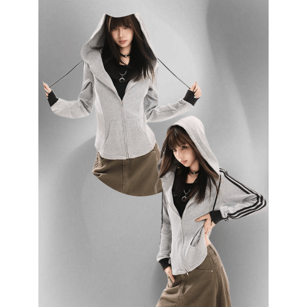 黑色 條紋 連帽衛衣 外套 早秋季 美式 修身 緊身 短款 長袖 上衣 台灣出貨-細節圖5