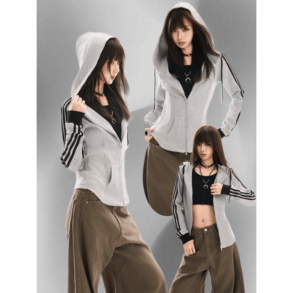 黑色 條紋 連帽衛衣 外套 早秋季 美式 修身 緊身 短款 長袖 上衣 台灣出貨-細節圖6