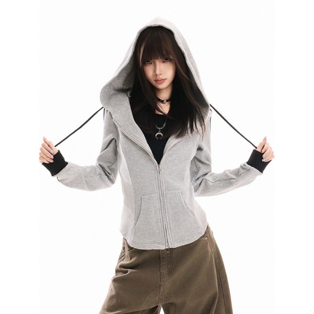 黑色 條紋 連帽衛衣 外套 早秋季 美式 修身 緊身 短款 長袖 上衣 台灣出貨-規格圖8