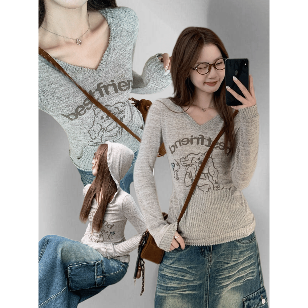 【𝐇.𝐓】韓系 純欲 V領 露鎖骨 打底 針織衫 女 春秋季 刺繡 修身 顯瘦 內搭 上衣 台灣出貨-細節圖2