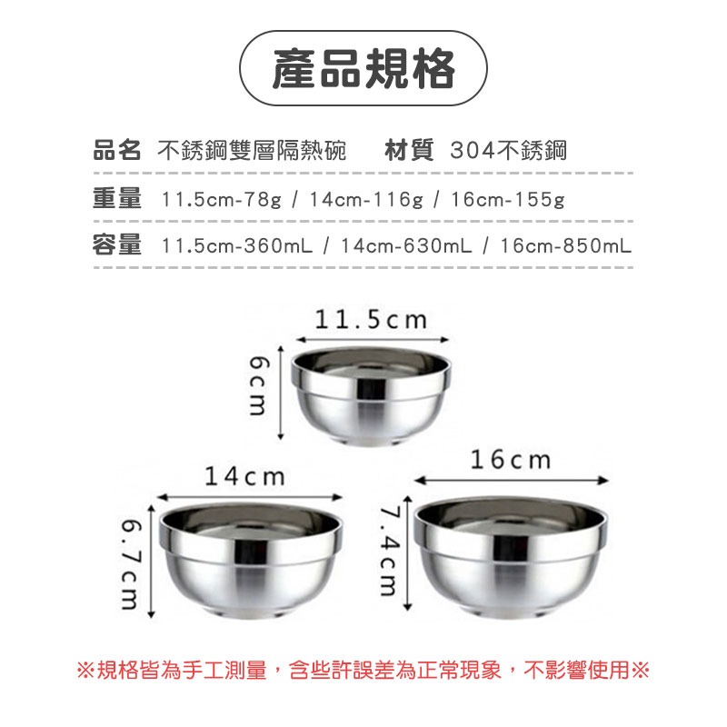 不鏽鋼雙層隔熱碗 不鏽鋼碗 隔熱碗 雙層碗 防燙碗 廚房用品 廚具 雙層隔熱 外食族 露營 防摔碗 兒童用【00770】-細節圖2