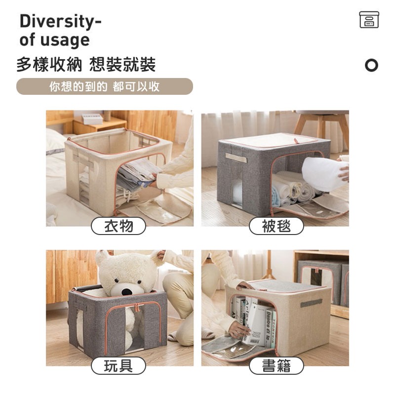 棉麻鐵架收納箱 衣物棉被收納箱 棉麻收納盒 衣物整理換季收納 摺疊收納箱 置物箱 大容量收納箱 收納盒【00832】-細節圖4