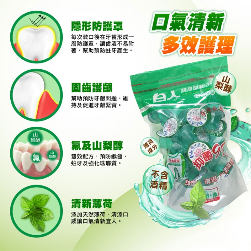 白人隨身型含氟漱口水(10ccX36個入/包) 無酒精 口氣清新 預防口臭 牙膏牙刷 白人牙膏 薄荷口味【00883】-細節圖2