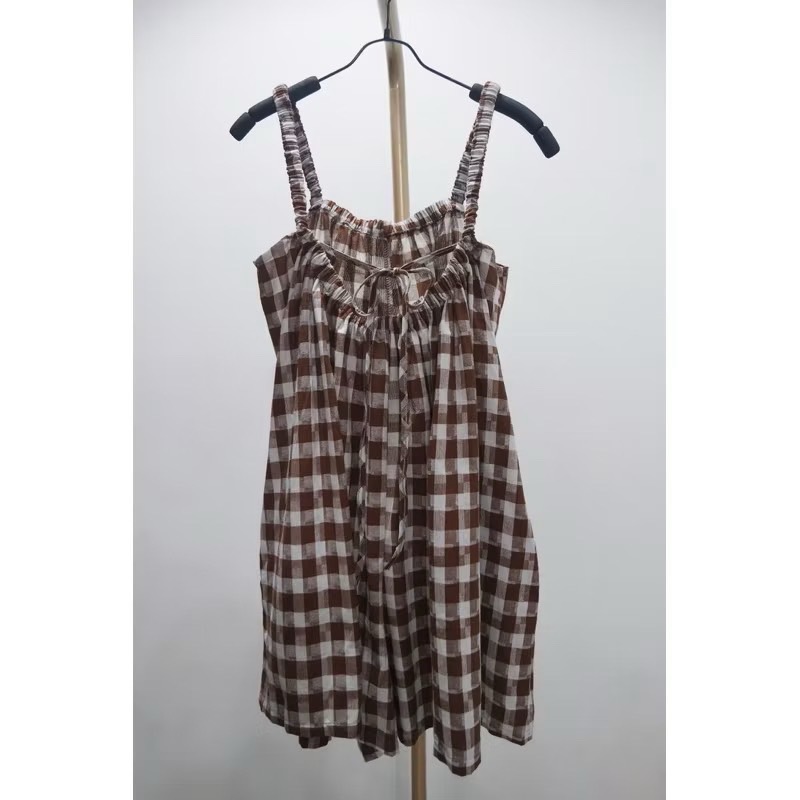 ꒰ 全新 ꒱  寬鬆方格後綁帶鬆緊吊帶褲-細節圖2