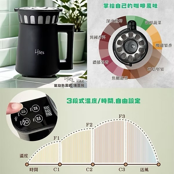 Hiles 第二代氣旋式熱風家用烘豆機 溫度/時間可調式 HE-HRT2 送200克阿拉比卡咖啡生豆-細節圖5