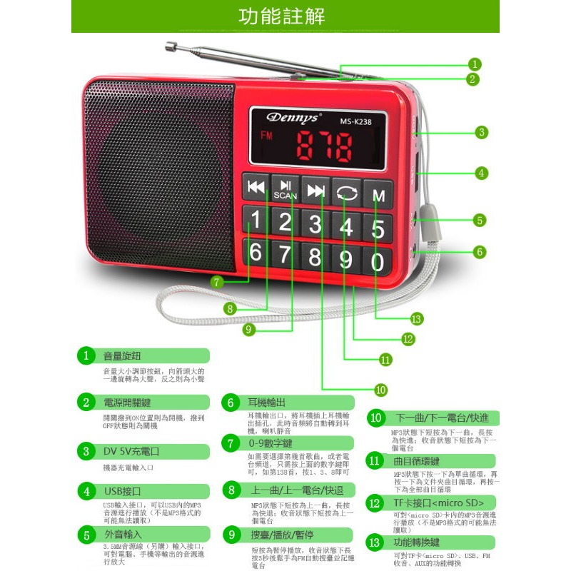Dennys USB SD MP3 FM 大字鍵喇叭收音機 MS-K238-細節圖5