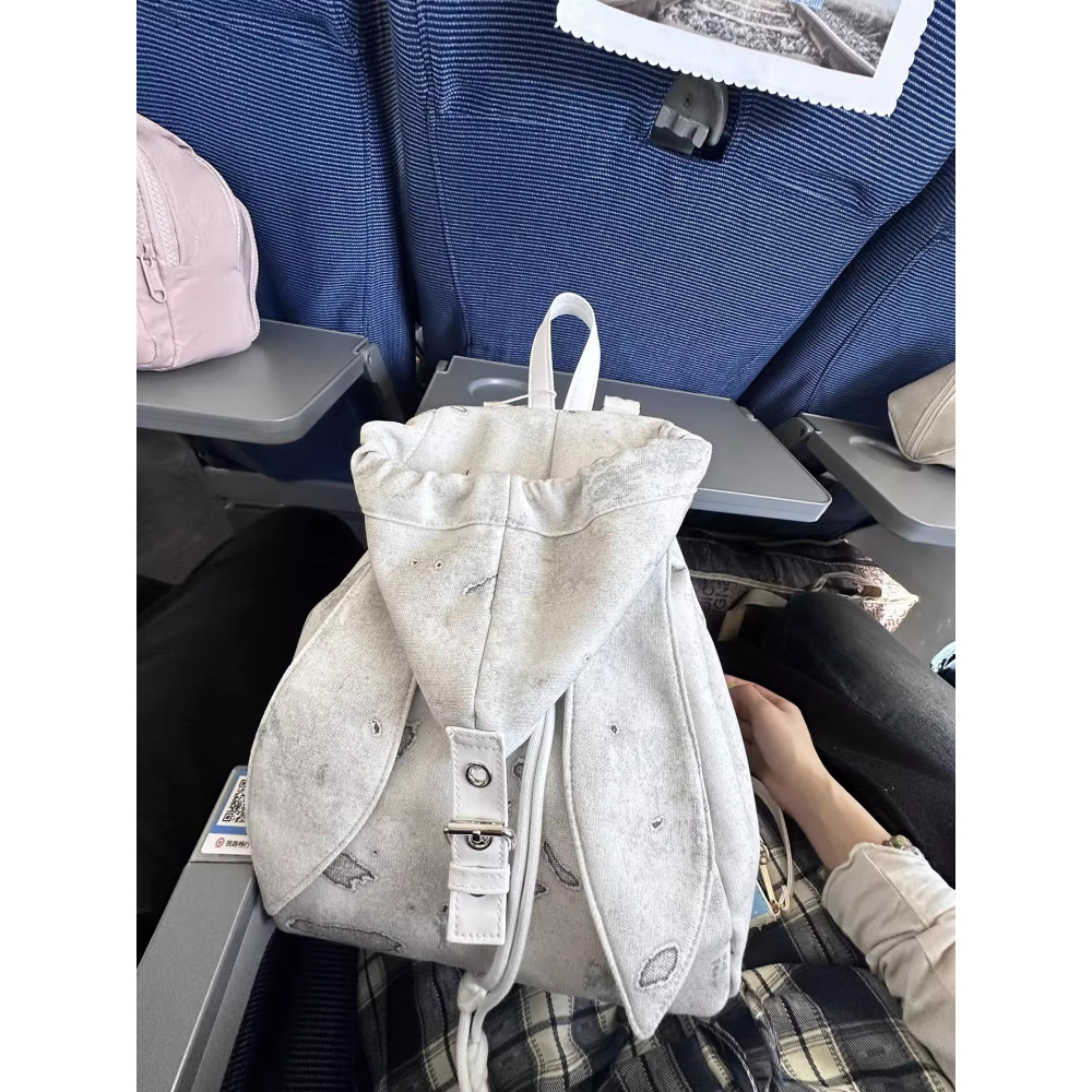 預購款 C115/ 復古可愛兔子耳朵雙肩包2025小眾設計抽繩簡約大容量斜跨雙肩包包-細節圖2