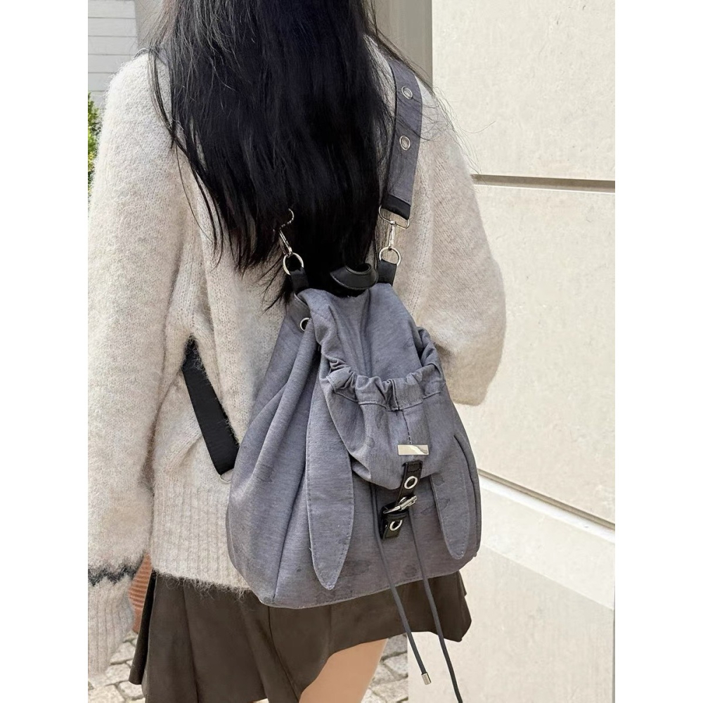 預購款 C115/ 復古可愛兔子耳朵雙肩包2025小眾設計抽繩簡約大容量斜跨雙肩包包-細節圖4