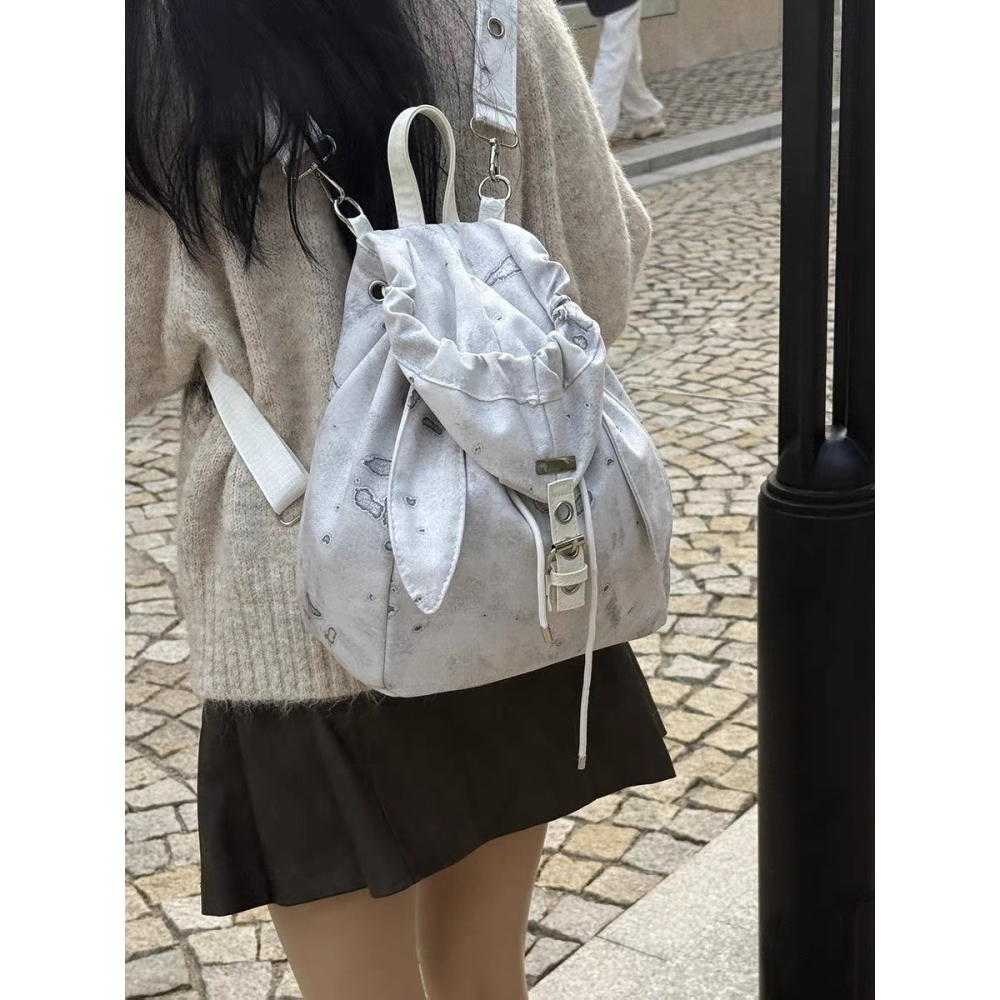 預購款 C115/ 復古可愛兔子耳朵雙肩包2025小眾設計抽繩簡約大容量斜跨雙肩包包-細節圖5