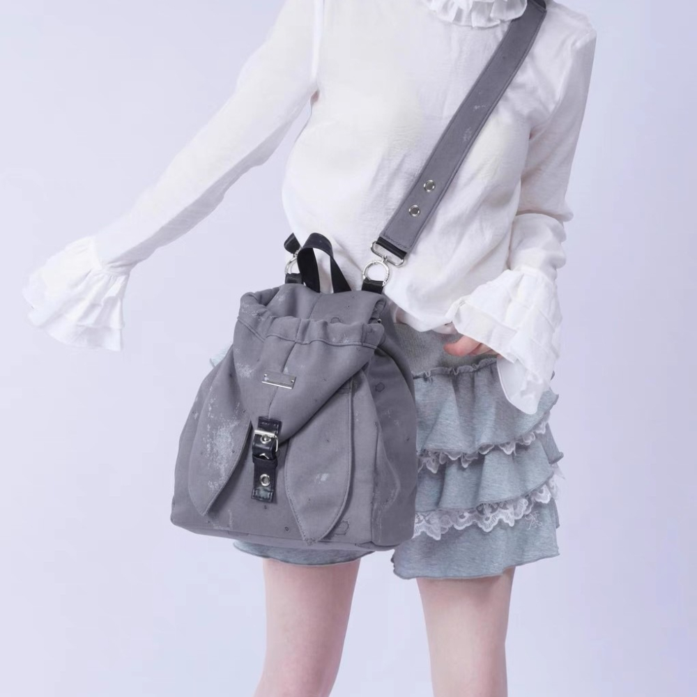 預購款 C115/ 復古可愛兔子耳朵雙肩包2025小眾設計抽繩簡約大容量斜跨雙肩包包-細節圖6