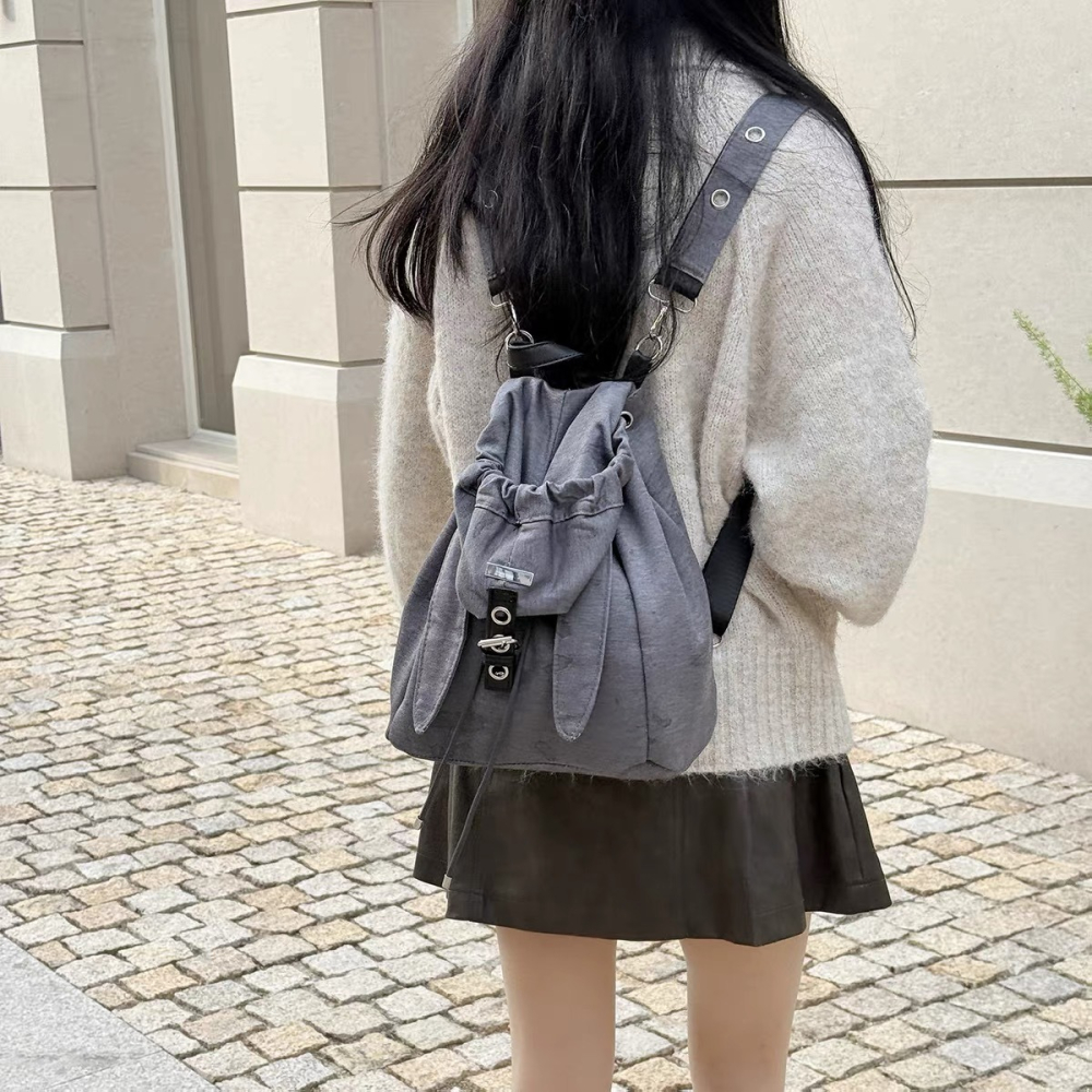 預購款 C115/ 復古可愛兔子耳朵雙肩包2025小眾設計抽繩簡約大容量斜跨雙肩包包-細節圖8