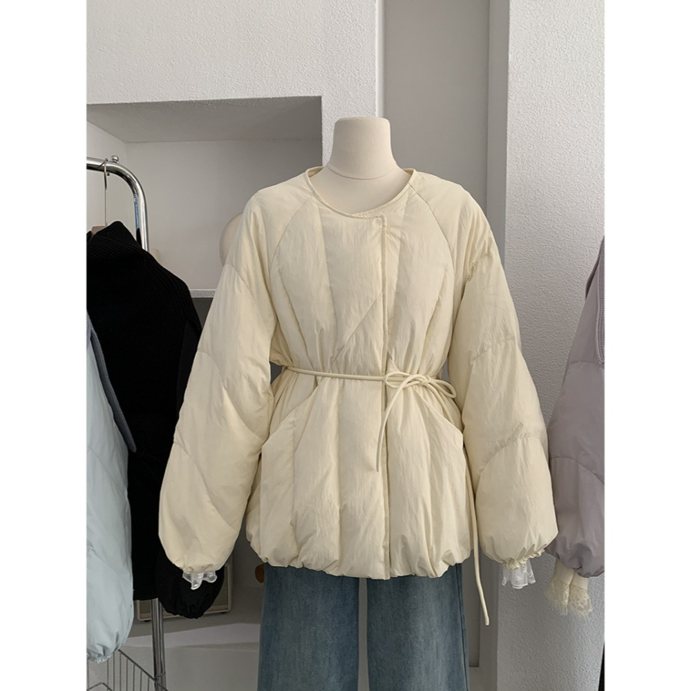 預購款C126 / 歐瑪萊針織披肩中長羽絨外套2025冬季新款收腰繫帶長袖外套-細節圖3