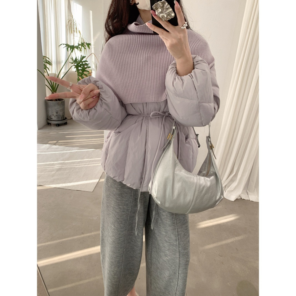 預購款C126 / 歐瑪萊針織披肩中長羽絨外套2025冬季新款收腰繫帶長袖外套-細節圖6