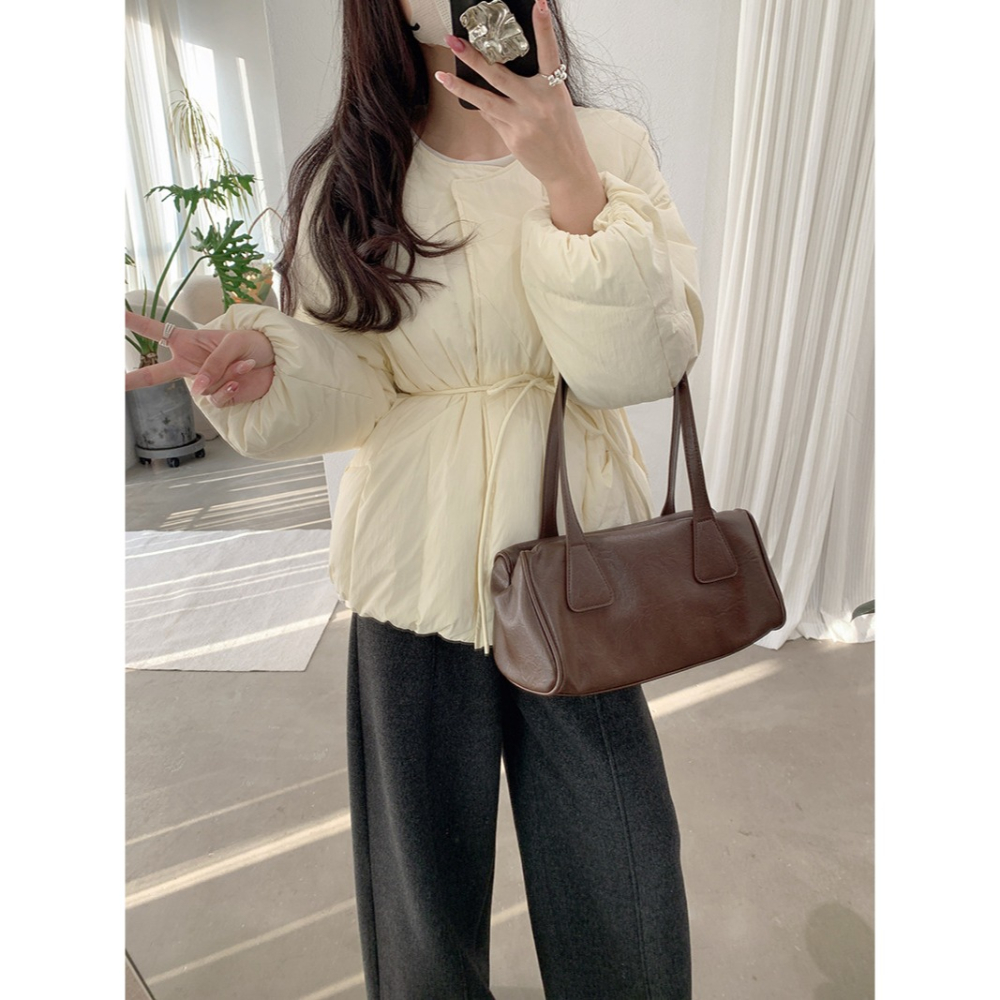 預購款C126 / 歐瑪萊針織披肩中長羽絨外套2025冬季新款收腰繫帶長袖外套-細節圖7