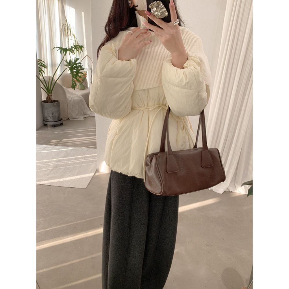 預購款C126 / 歐瑪萊針織披肩中長羽絨外套2025冬季新款收腰繫帶長袖外套-細節圖8