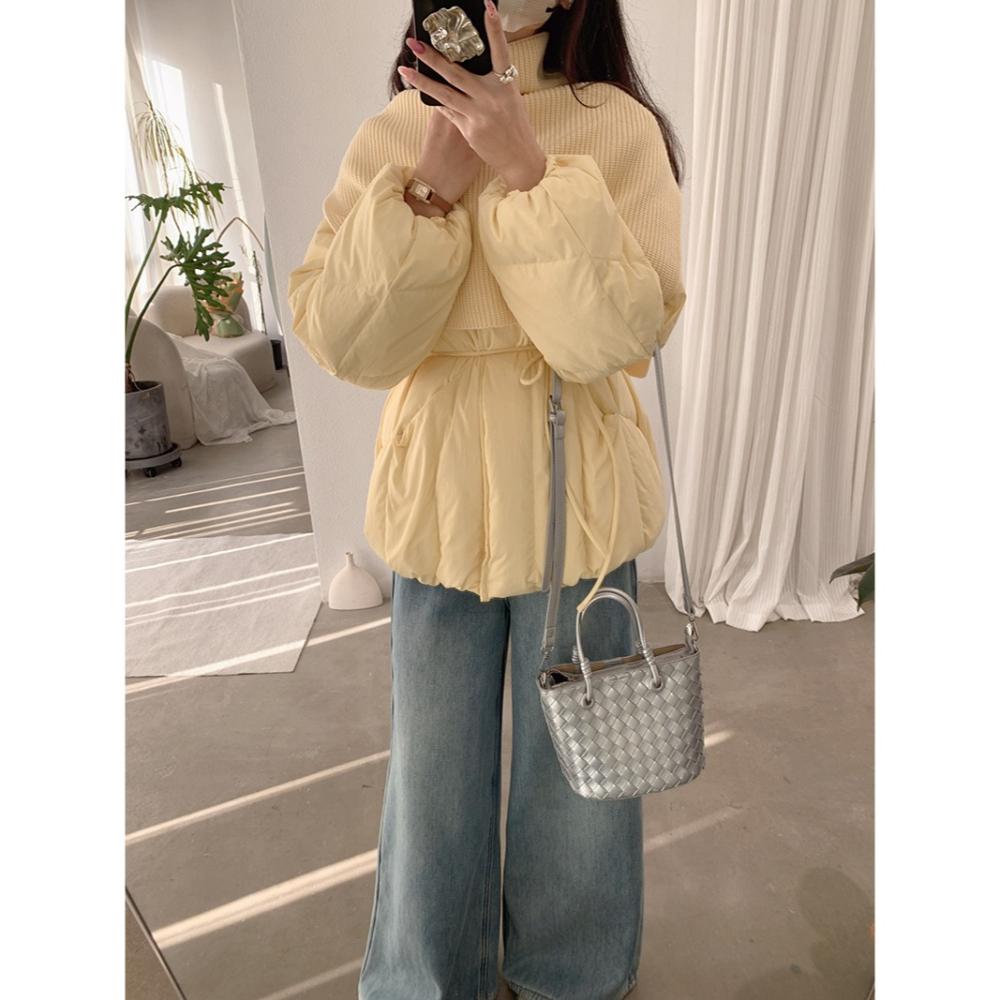 預購款C126 / 歐瑪萊針織披肩中長羽絨外套2025冬季新款收腰繫帶長袖外套-細節圖9