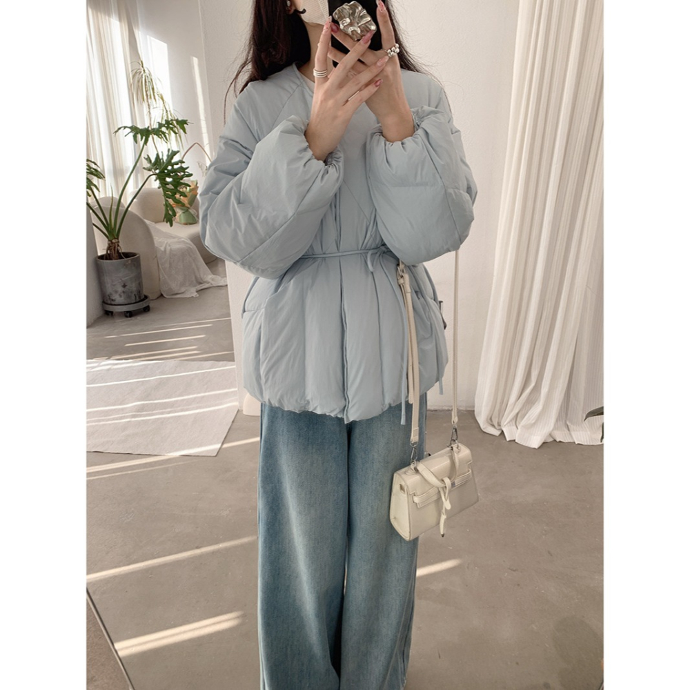 預購款C126 / 歐瑪萊針織披肩中長羽絨外套2025冬季新款收腰繫帶長袖外套-細節圖11