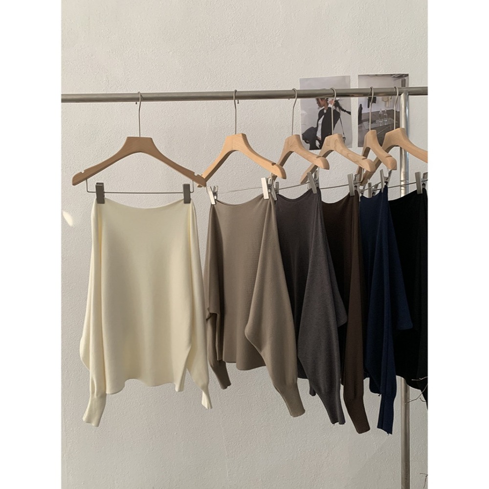 預購款C128 / 歐瑪萊韓系一字領蝙蝠袖純色修身顯瘦針織衫女秋季新款毛衣-細節圖2