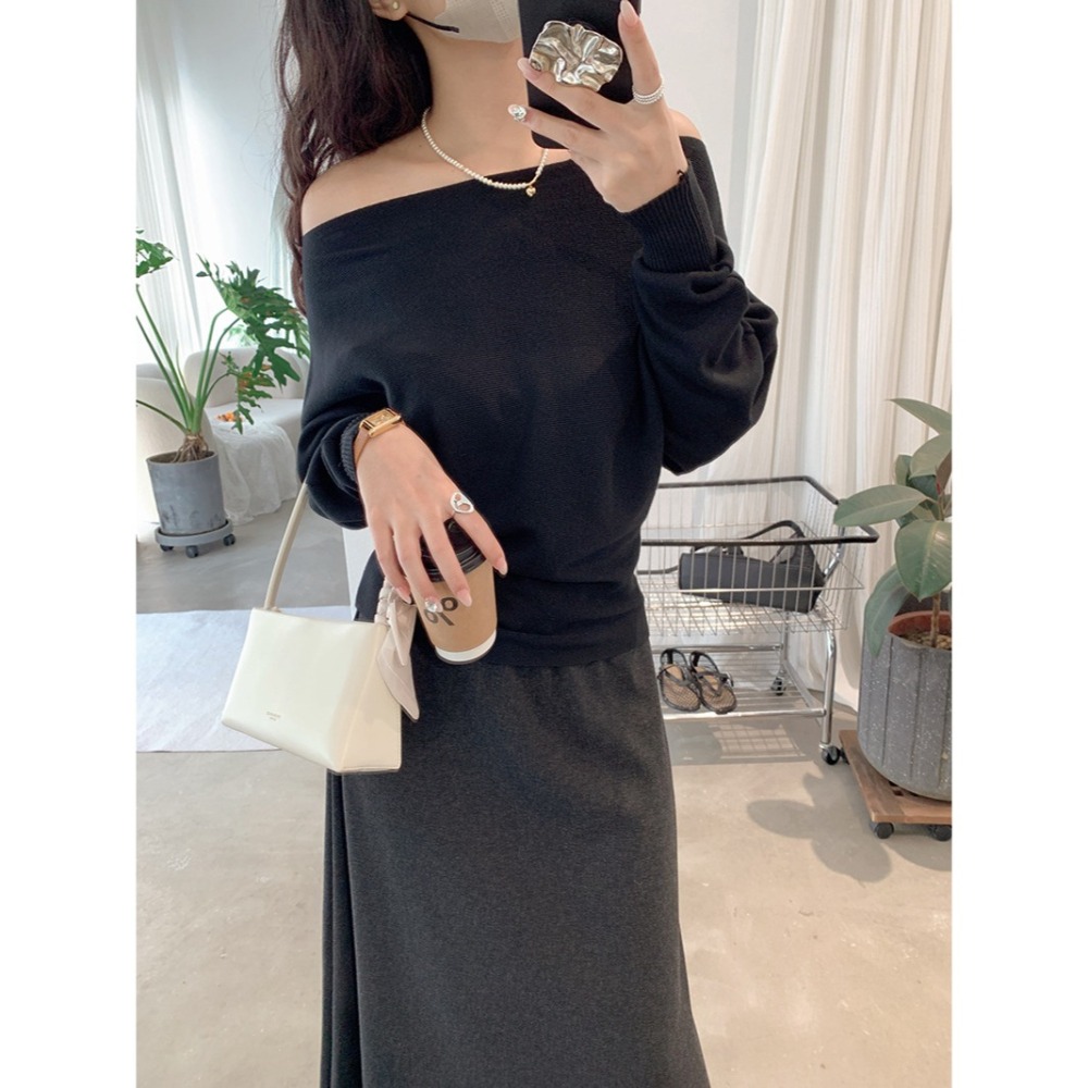 預購款C128 / 歐瑪萊韓系一字領蝙蝠袖純色修身顯瘦針織衫女秋季新款毛衣-細節圖6