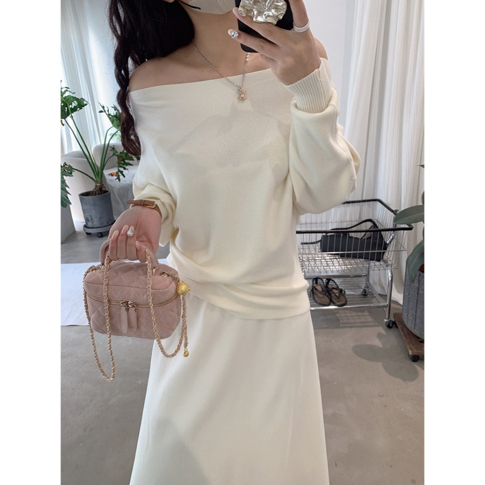 預購款C128 / 歐瑪萊韓系一字領蝙蝠袖純色修身顯瘦針織衫女秋季新款毛衣-細節圖8