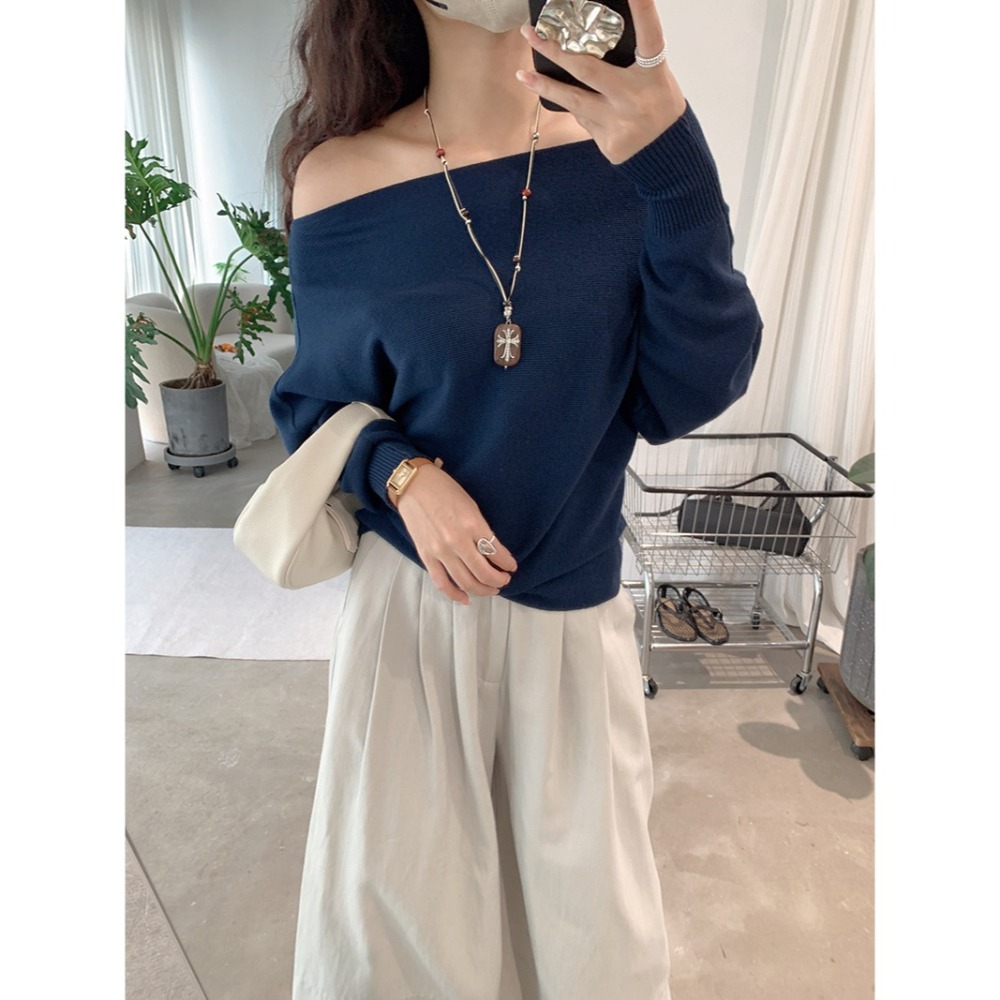 預購款C128 / 歐瑪萊韓系一字領蝙蝠袖純色修身顯瘦針織衫女秋季新款毛衣-細節圖10