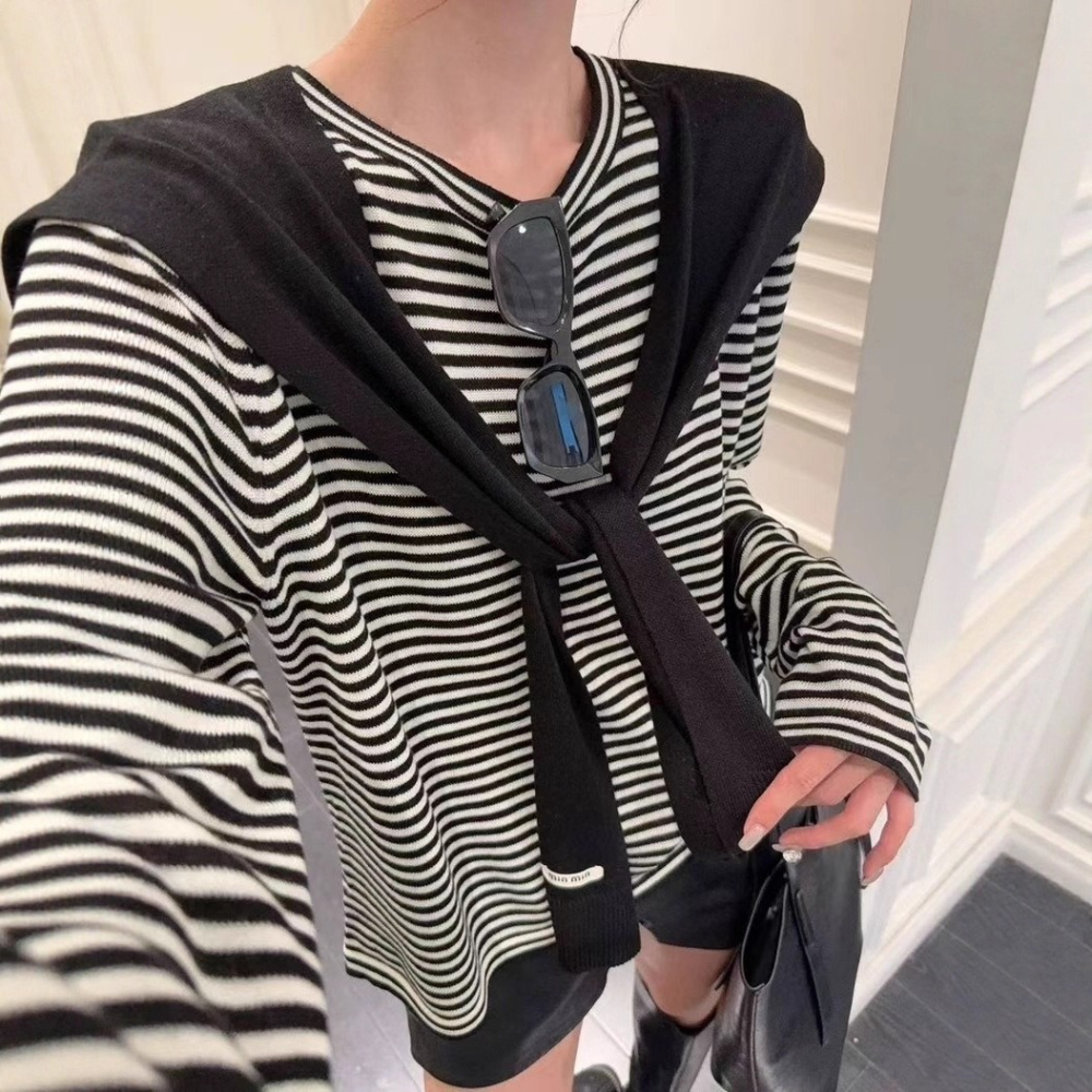 預購款C137 / 韓國跟單！ 2025秋季新款百搭慵懶風氣質休閒顯瘦針織衫女披肩兩件套-細節圖6