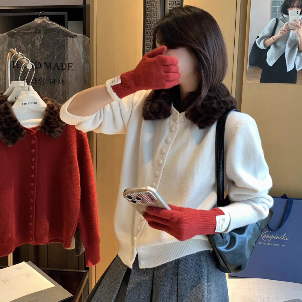 預購款C138 / 2025秋冬可拆式豹紋毛領顯瘦氣質針織開襟衫-細節圖8