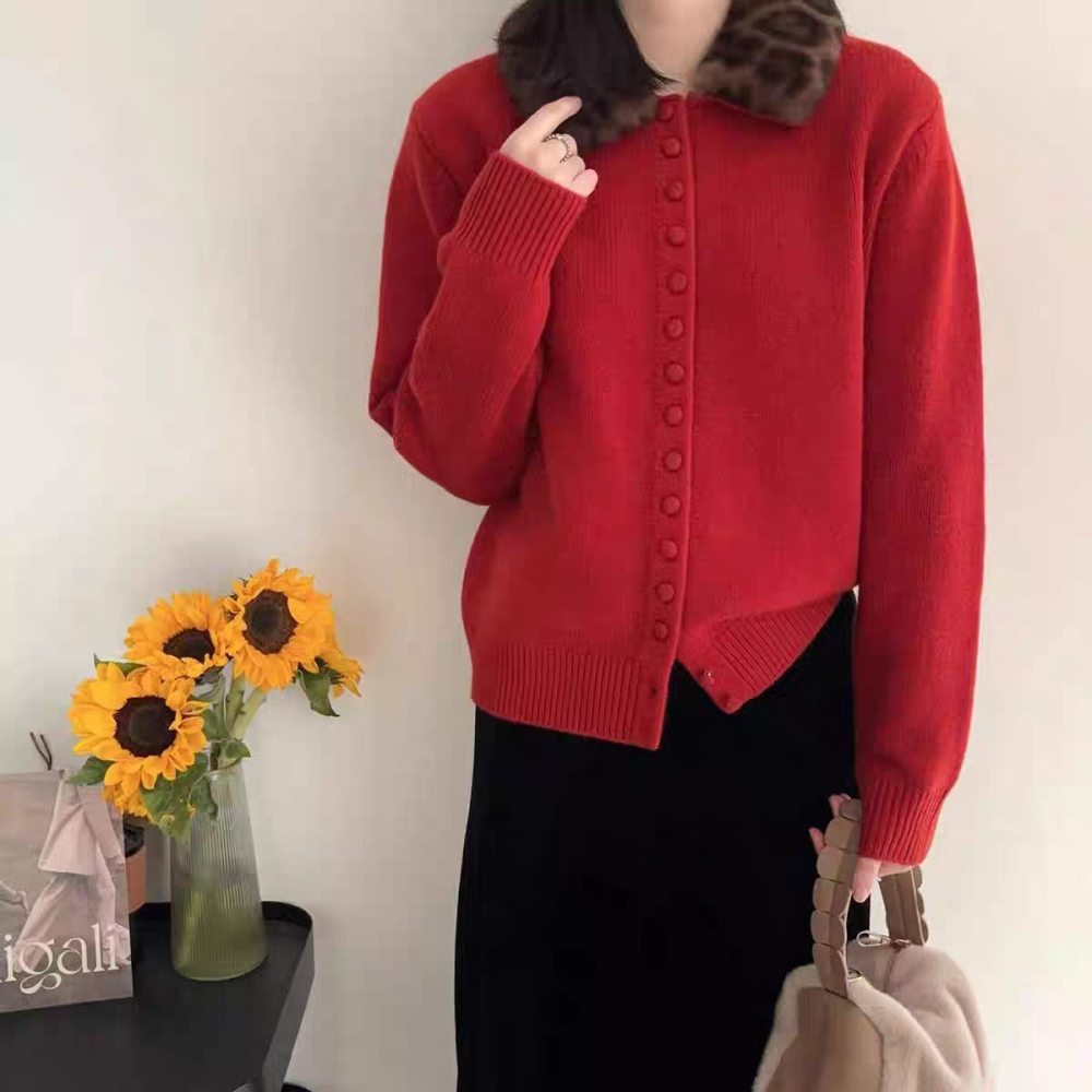 預購款C138 / 2025秋冬可拆式豹紋毛領顯瘦氣質針織開襟衫-細節圖9