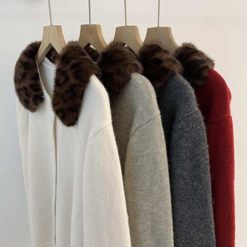 預購款C138 / 2025秋冬可拆式豹紋毛領顯瘦氣質針織開襟衫-細節圖10