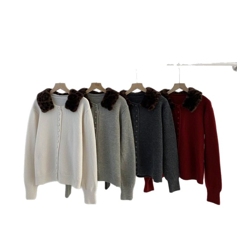 預購款C138 / 2025秋冬可拆式豹紋毛領顯瘦氣質針織開襟衫-細節圖11