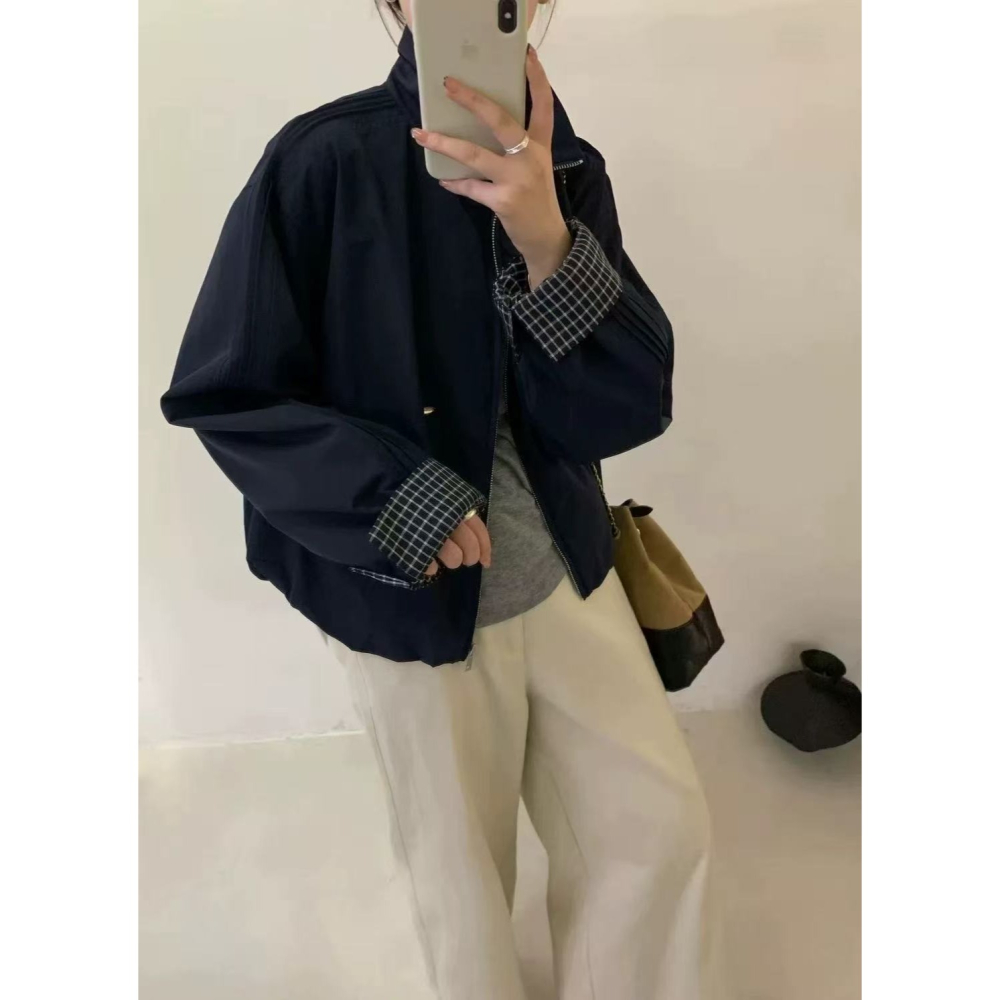 預購款C141 / 2025韓版氣質百搭格紋捲袖設計立領衝鋒衣女夾克短外套-細節圖2