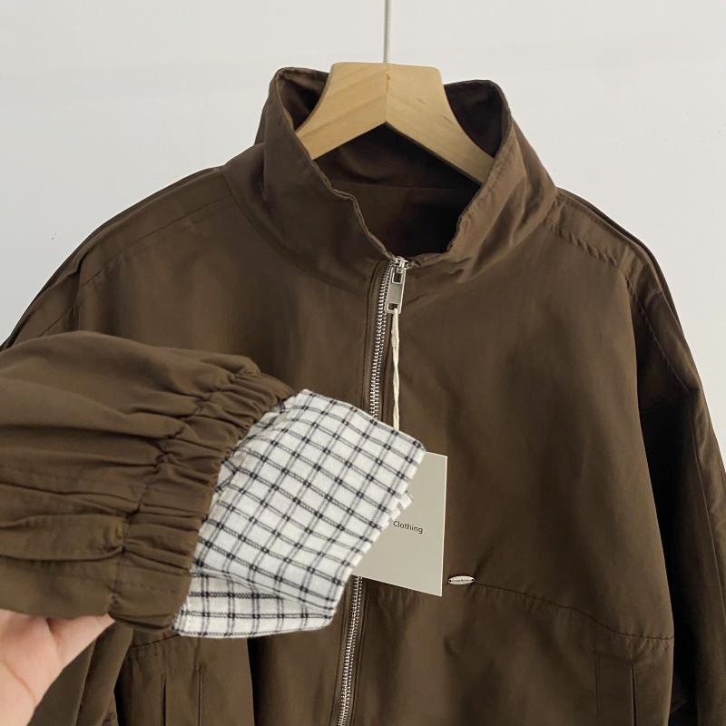 預購款C141 / 2025韓版氣質百搭格紋捲袖設計立領衝鋒衣女夾克短外套-細節圖6