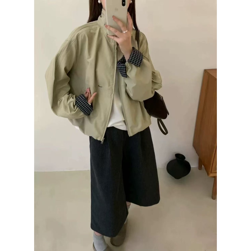 預購款C141 / 2025韓版氣質百搭格紋捲袖設計立領衝鋒衣女夾克短外套-規格圖11