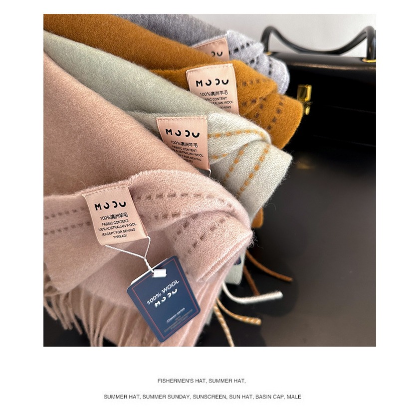 預購款C142 / 秋冬加厚100%羊毛雙面純色拼色流蘇穿線圍巾男女情侶學生小披肩-細節圖2