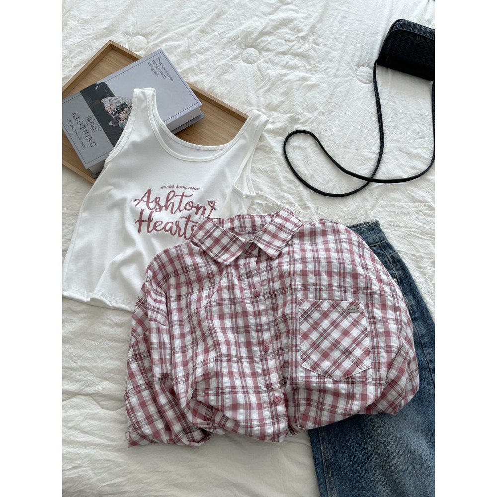 預購款C159/設計感粉紅格紋防曬襯衫女通勤 兩件式寬鬆遮肉翻領長袖襯衫-細節圖3