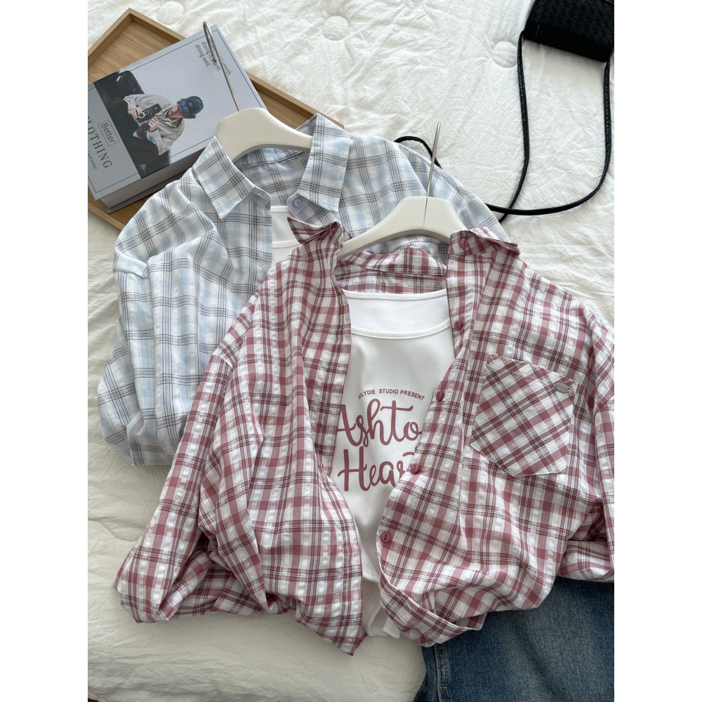 預購款C159/設計感粉紅格紋防曬襯衫女通勤 兩件式寬鬆遮肉翻領長袖襯衫-細節圖5