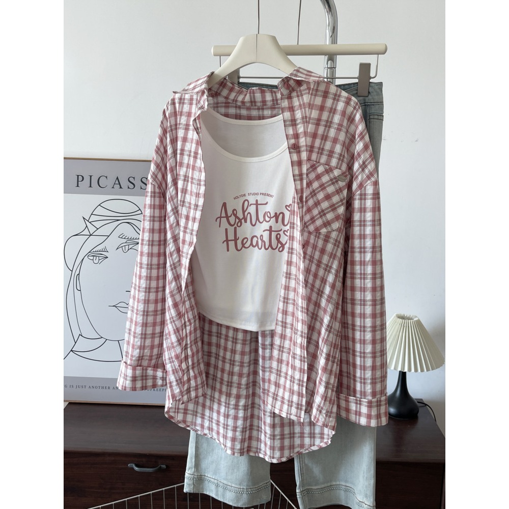 預購款C159/設計感粉紅格紋防曬襯衫女通勤 兩件式寬鬆遮肉翻領長袖襯衫-細節圖6