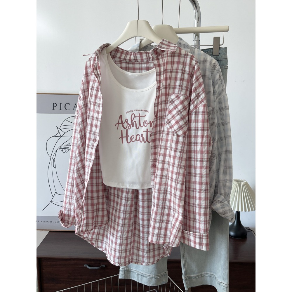 預購款C159/設計感粉紅格紋防曬襯衫女通勤 兩件式寬鬆遮肉翻領長袖襯衫-規格圖6