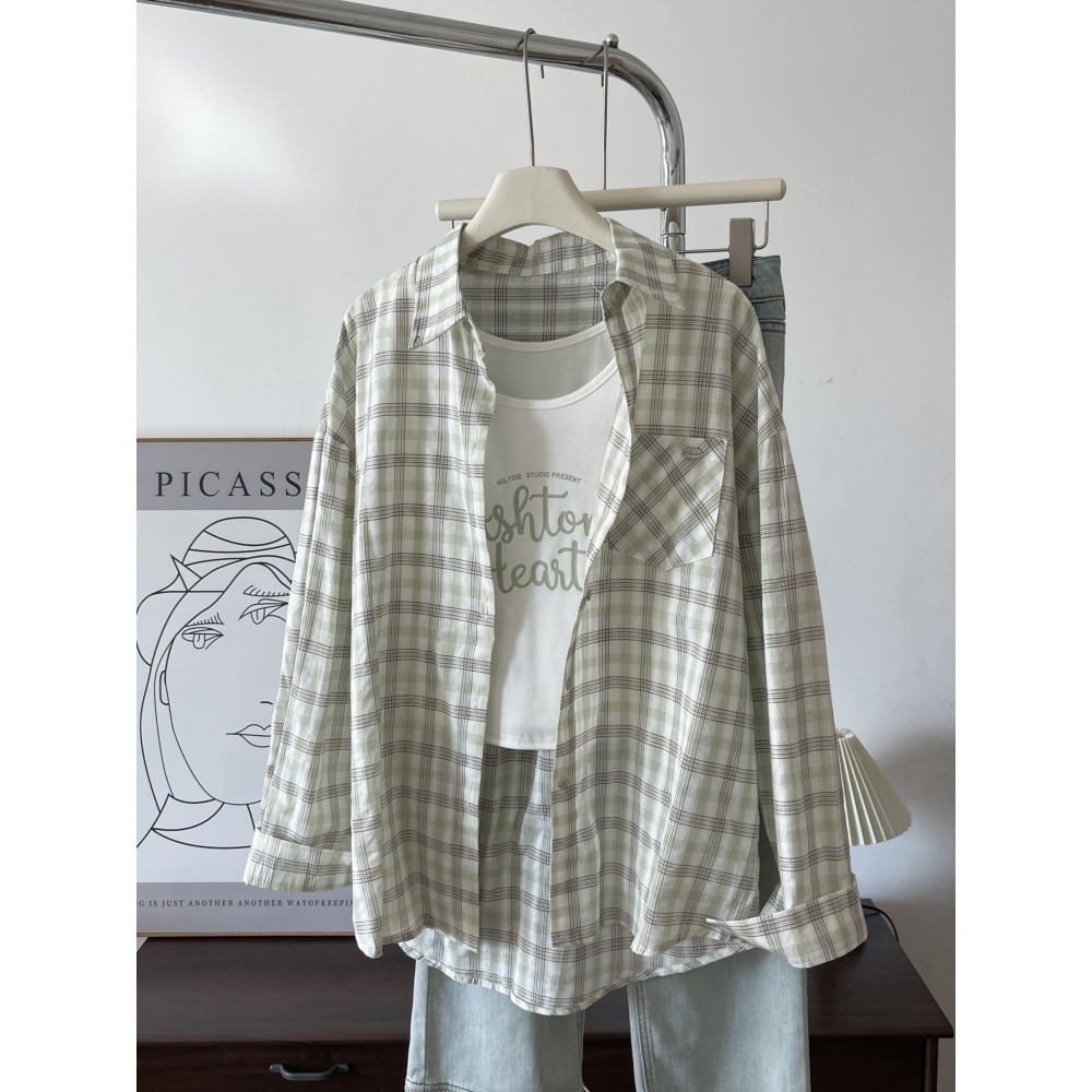 預購款C159/設計感粉紅格紋防曬襯衫女通勤 兩件式寬鬆遮肉翻領長袖襯衫-規格圖6