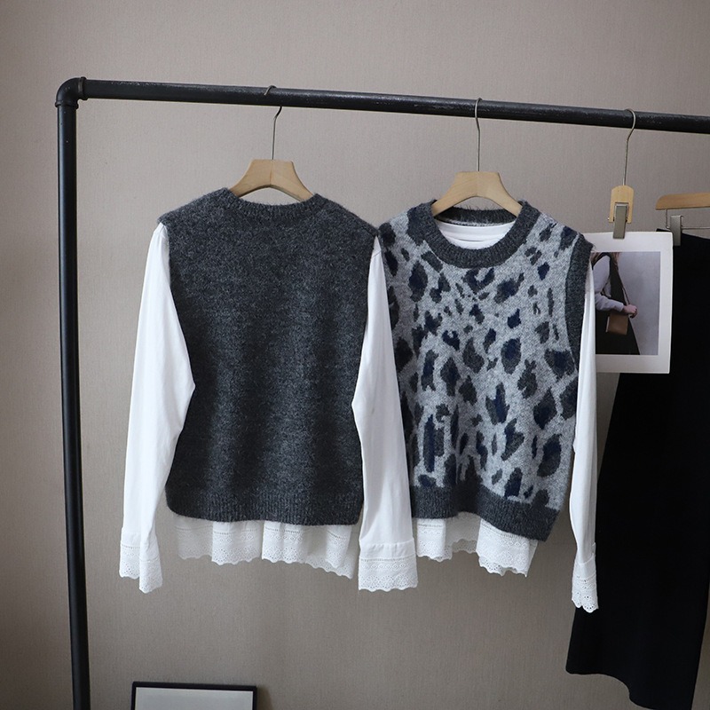 預購款C160/早春新韓版時尚休閒兩件套拼接打底T卹+針織馬甲女-細節圖4