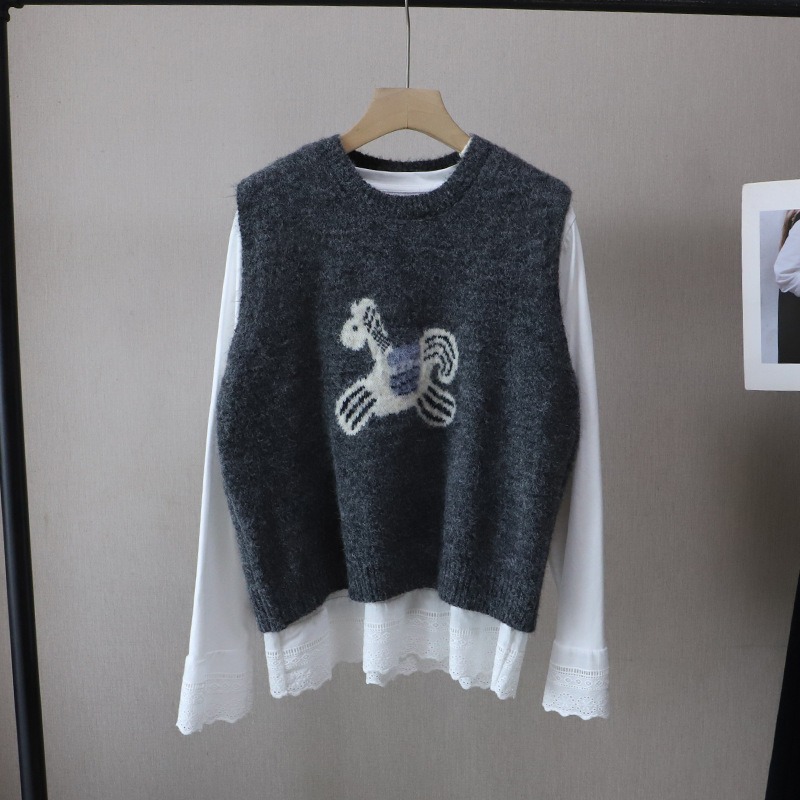 預購款C160/早春新韓版時尚休閒兩件套拼接打底T卹+針織馬甲女-規格圖6