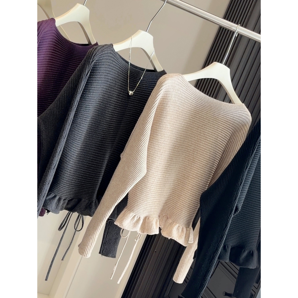 預購款C174/一字領荷葉邊繫帶蝙蝠袖毛針織衫-細節圖2