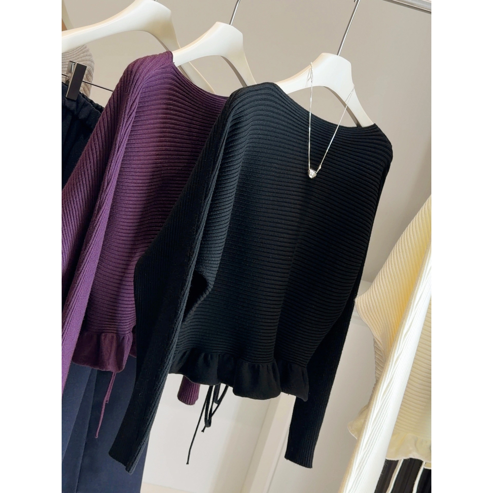 預購款C174/一字領荷葉邊繫帶蝙蝠袖毛針織衫-細節圖5